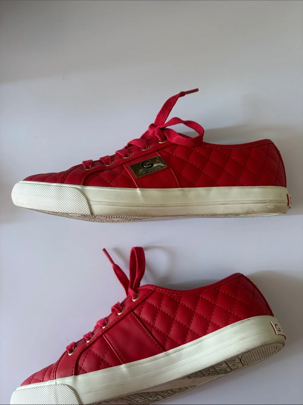GUESS size 7.5 red quilted leather Sneakers with Gold Hardware very good shape